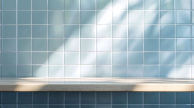 Front view of an empty bathroom shelf with a clean minimal surface for product placement and copy space. Soft blue ceramic tile wall in the background lit with natural diffused light.