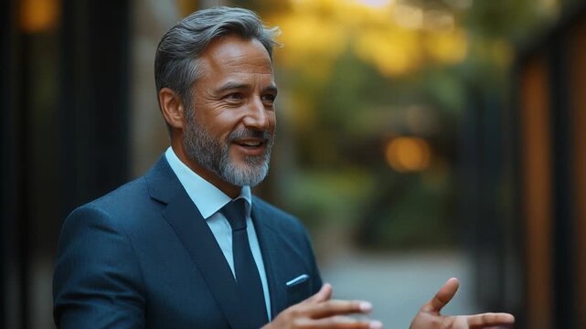 Distinguished Confidence: A sophisticated professional exudes poise and confidence, with a knowing smile and eloquent gestures, creating an impression of success and approachability.