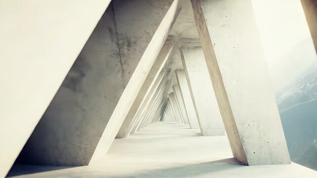 Concrete tunnel structure featuring repetitive triangular columns, creating a dramatic perspective and minimalist architectural design for empty spaces and abstract backdrops