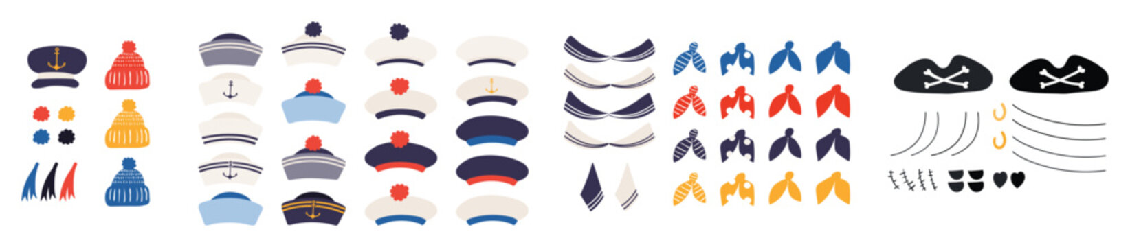 Sailor, pirate hat, cap, collar, neckerchief illustration isolated collection. Kids nautical design clip art set, accessory, costume, clothes element. Hand drawn flat vector on transparent background