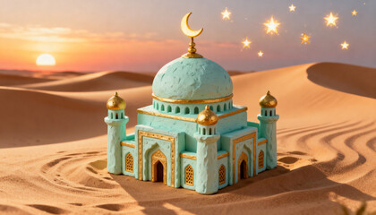 Happy eid mubarak 3d clay mosque miniature with mint dome © MahiCG