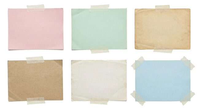 Collection of six blank note cards taped with masking tape, pastel and kraft paper memo templates isolated on transparent background
