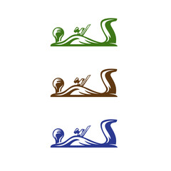 Wood plane tool set in green brown and blue colors for carpentry logo vector
