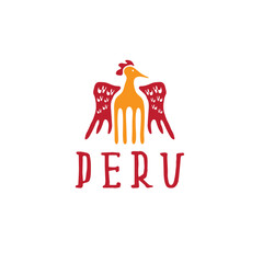 Chicken silhouette with fork body in red and yellow colors for Peru restaurant logo vector