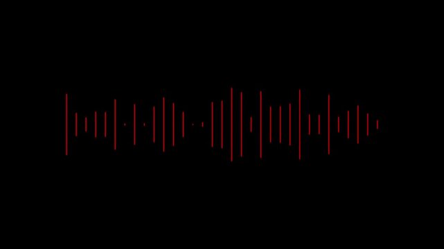 A series of vertical red lines of varying heights representing a sound wave or audio equalizer on a black background Keywords: sound wave, audio equalizer, red lines, black background, music