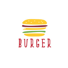 Burger with lettuce and tomato in yellow and red colors for restaurant logo vector