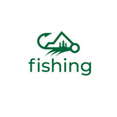 Fishing hook with mountain and pine trees in green color for outdoor logo vector