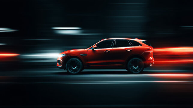 Red SUV in motion with blurred lights, dynamic automotive scene at night