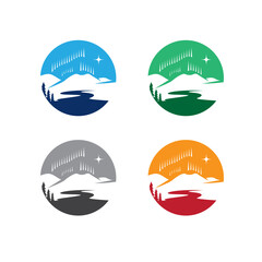 Mountain landscape set with northern lights and river in circle for travel logo vector