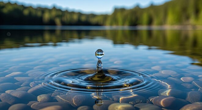 A serene lake scene with a single water droplet creating ripples