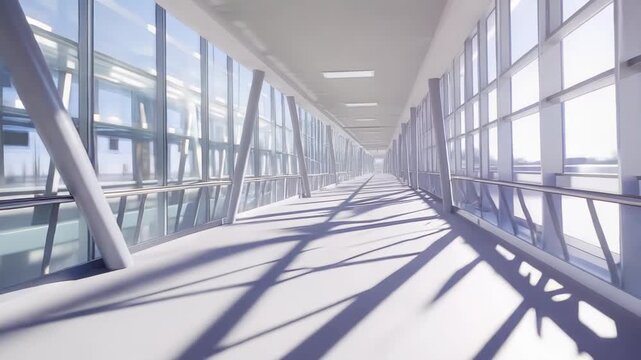 Long, illuminated airport skyway featuring a modern architectural design with glass walls, structural pillars, and sunlight creating strong geometric shadows on the floor