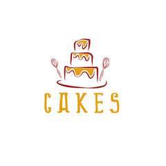 Three-layered cake with dripping frosting and whisks in red and orange colors for bakery logo vector