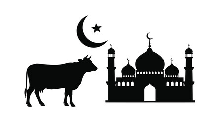 A cow crescent moon star and mosque depicted in black silhouette © asma