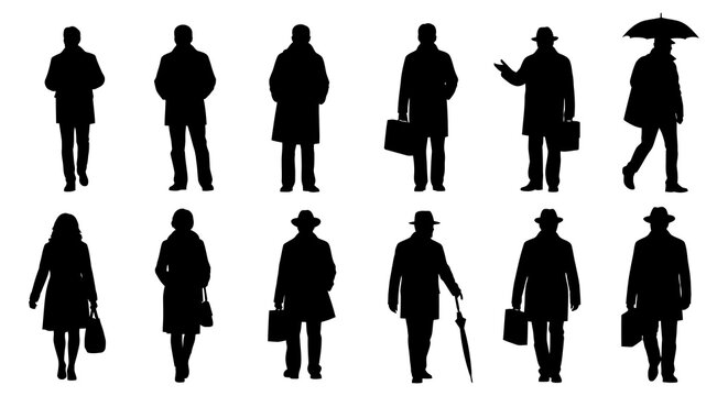 Silhouettes of people in various formal attire including coats and hats