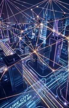 Smart city network connects buildings with glowing digital lines for future technology