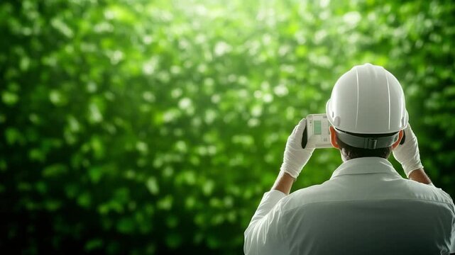 Environmental Observer: A professional, clad in protective gear, observes the lush verdant foliage, engaging in environmental study with the focus on nature. 