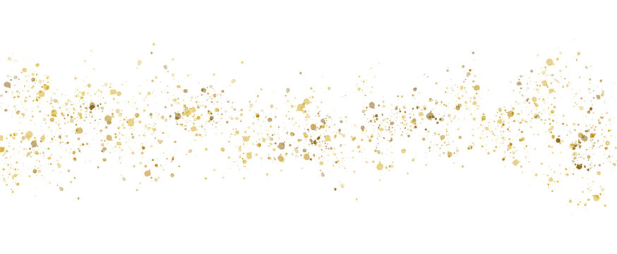 Gold glitter splatter background. Luxury golden shiny confetti. Sparkle abstract festive decoration banner