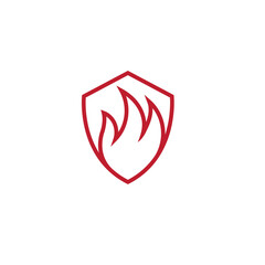 Fire flame silhouette inside a shield outline in red color for security or heating logo vector