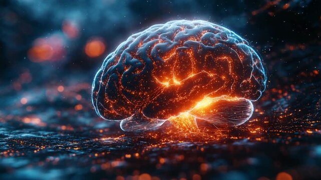 Mind's Blaze: The internal landscape of the human brain, illuminated with a vibrant, fiery energy, symbolizing thoughts and the power of the mind.