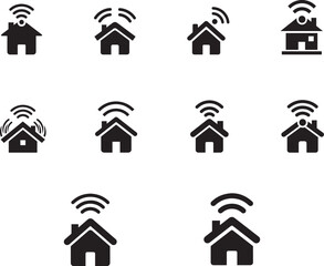 Vector Minimalist house wireless signal icon collection for smart technology UI , Various styles of black house silhouettes with WiFi waves icon