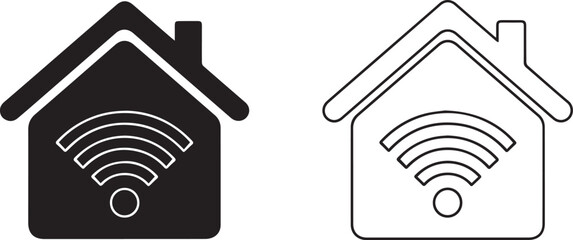 Vector Smart home WiFi icon set in flat and outline styles,Minimalist house with wireless signal symbol