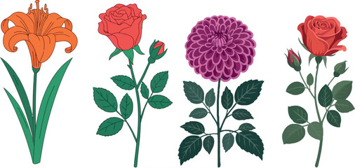 Elegant collection of hand-drawn minimalist floral illustrations featuring various blossoms, leaves, and stems, perfect for botanical designs and nature-inspired themes © Pronob Kumar Ray