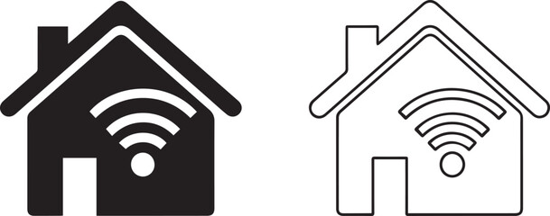 Vector Smart home WiFi icon set in flat and outline styles,Minimalist house with wireless signal symbol