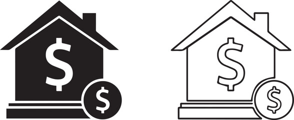 Vector House with dollar sign icon set in flat and outline styles for real estate finance,Real estate money icon duo pack