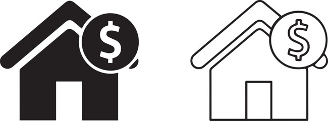 Vector House with dollar sign icon set in flat and outline styles for real estate finance,Real estate money icon duo pack