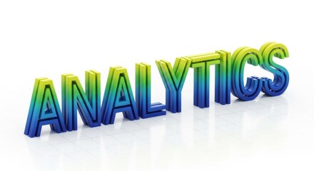 Colorful 3D Analytics Text on White Background for Data Analysis.