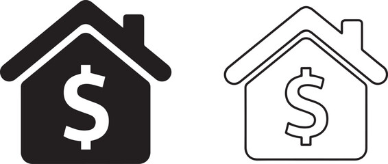 Vector House with dollar sign icon set in flat and outline styles for real estate finance,Real estate money icon duo pack