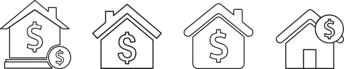 Vector Thin line home investment and mortgage symbol for banking UI design,Minimalist outline house with dollar sign icons set