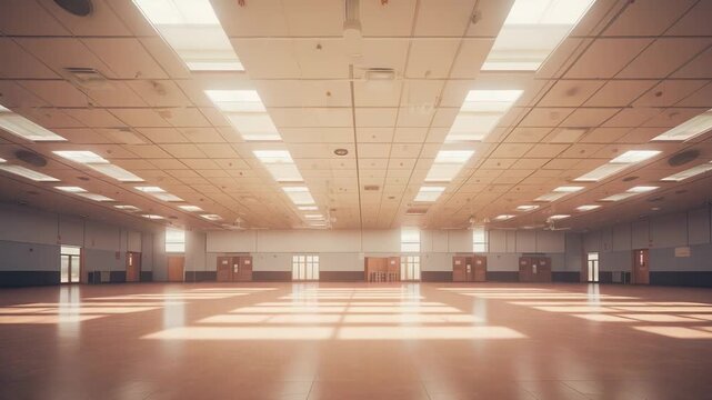 Spacious indoor hall featuring a smooth floor and multiple ceiling skylights, casting long shadows across the empty room, creating a feeling of openness and potential