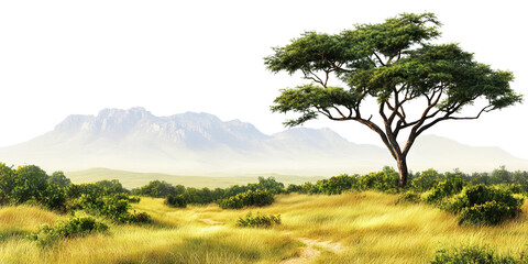 Obraz premium Picturesque african savanna landscape with acacia tree, isolated on transparent cutout background