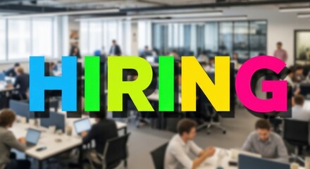 Office environment with the word HIRING in colorful letters, people working.