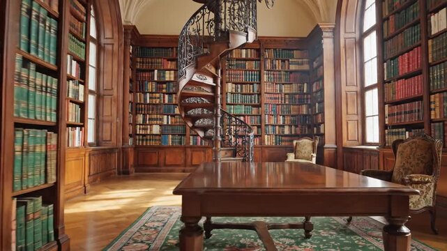 Elegant library interior with bookshelves spiral staircase and lighting