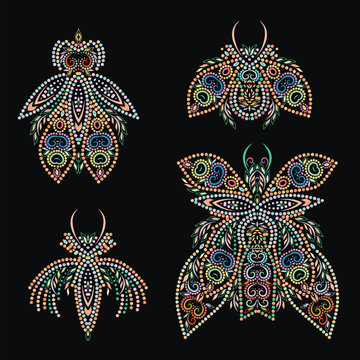 Colorful colored butterflies and beetles made of small beads. Design for jewelry and costume jewelry. Vector set	
