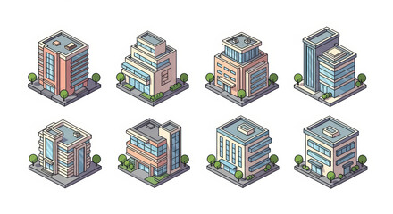 Isometric pixel art buildings collection