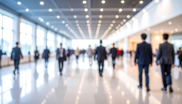 Blurred Crowd of Business People Walking in Modern Hallway.
