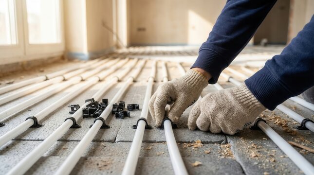 Close-up of hands securing radiant floor heating tubes