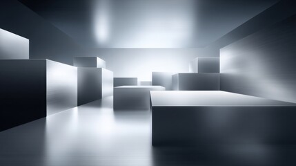 Polished chrome geometric shapes interlocking in a sleek modern studio environment, creating a futuristic minimalist design