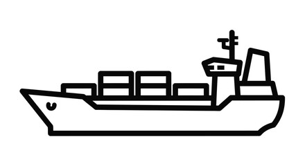 Simple black and white line drawing of a cargo ship on a white background © Saidul_Studio1984