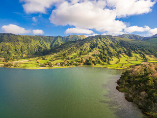 Aerial View of Sete Cidades Lake and Green Volcanic Crater, S&atilde;o Miguel Island, Azores