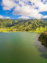 Aerial View of Sete Cidades Lake and Green Volcanic Crater, S&atilde;o Miguel Island, Azores