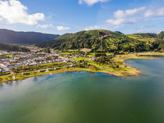 Aerial View of Sete Cidades Lake and Green Volcanic Crater, S&atilde;o Miguel Island, Azores