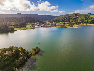 Aerial View of Sete Cidades Lake and Green Volcanic Crater, S&atilde;o Miguel Island, Azores
