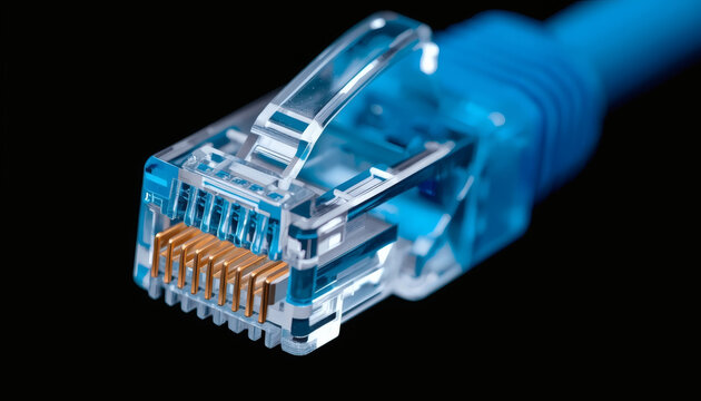 Blue RJ45 ethernet network cable connector macro. IT infrastructure background.