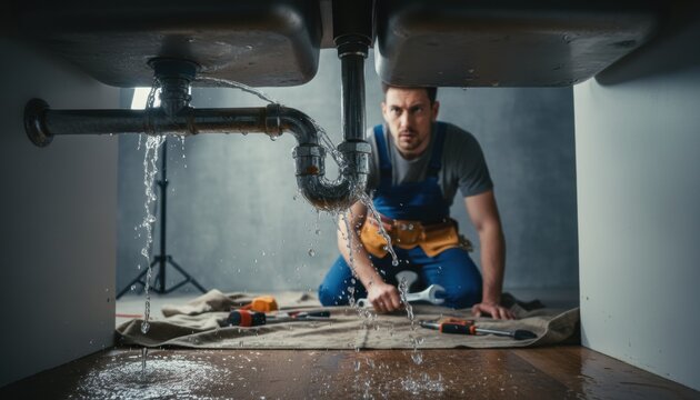 Professional plumber inspecting a leaking sink pipe in a kitchen. Water sprays from the burst pipe as he prepares to fix the emergency plumbing issue using tools