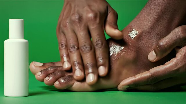 Close Up Of Dark Skinned Person Applying Moisturizing Oil To Foot With White Bottle On Green Screen Background In