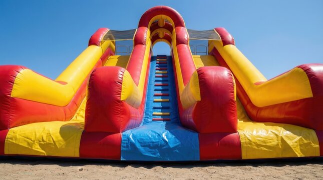 Colorful Inflatable Slide With Climbing Ladder Under Blue Sky